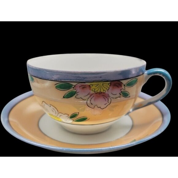 Teacup & Saucer Japanese Lusterware Floral Design Irridescent Glaze 8oz Cup VTG - Picture 1 of 10
